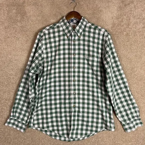 Brooks Brothers Button Down Shirt Mens Large L White/Green Check Non Iron Supima - Picture 1 of 8